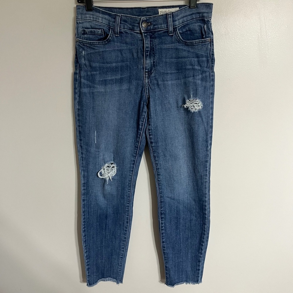 Pistola Women's Distressed‎ Mid Rise Skinny Jeans Made In USA Size 31 Light Wash